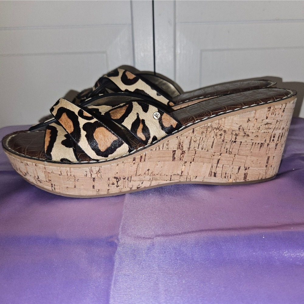 Sam Edelman Leopard Print Calf Hair Cork Wedge Sandals Womens 9.5‎ M Brown Black